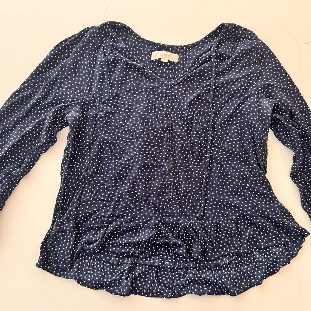 LOFT Blue Ruched Blouse with White Dots